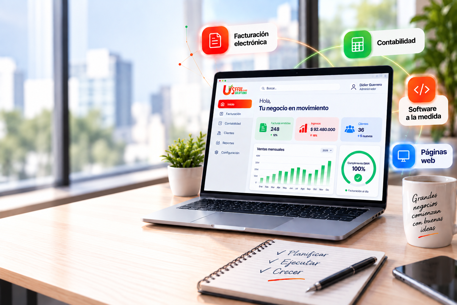 Aplicativo de Useful Solutions en un portátil, con facturación electrónica, contabilidad, software a la medida y páginas web